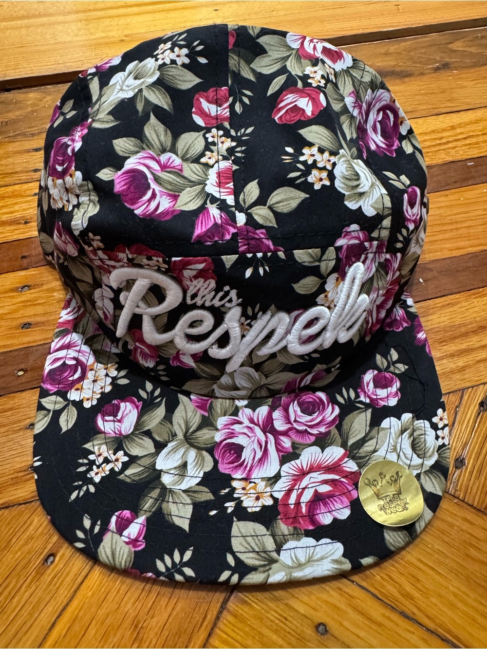 Floral Five-Panel Hat with Embroidered 'Respect' - Black with Pink Roses